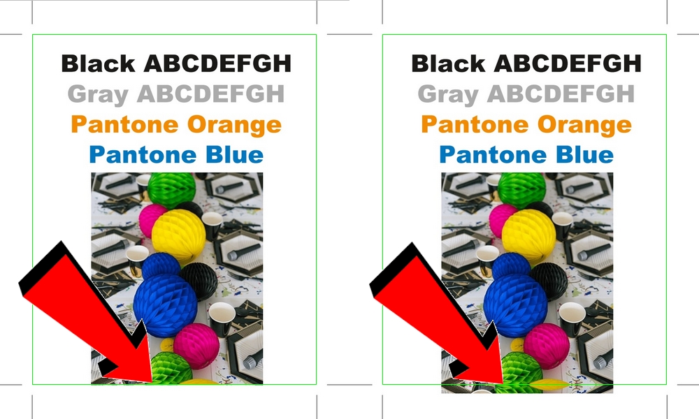 Printing error caused by missing bleed compared to correct bleed setup
